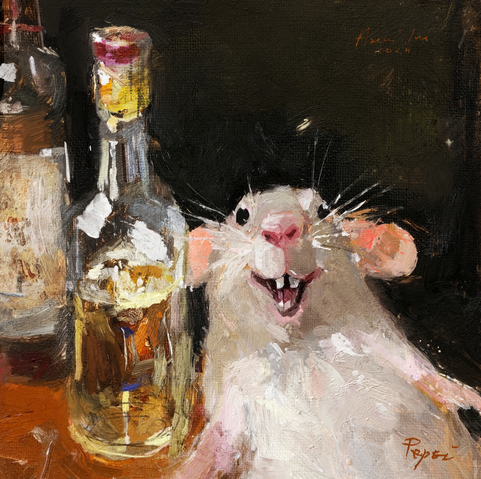 An oil painting of a white rat with large ears and dark eyes, wide-mouthed and appearing to smile at the viewer. Beside the rat stand two glass liquor bottles with amber liquid on a dark brown wooden surface.