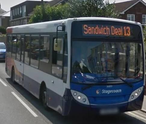 A photo of a Stagecoach single-deck bus. The display on the front shows the route name and number as follows:

Sandwich Deal 13