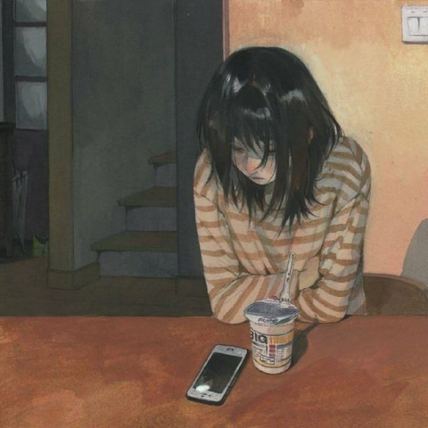 An illustration of a young person with short, dark hair, wearing a brown and white striped long-sleeve shirt. They sit hunched over a wooden table with their arms crossed, looking down solemnly. In front of them sits a cup of instant noodles with a fork inside, alongside a smartphone resting face-up.