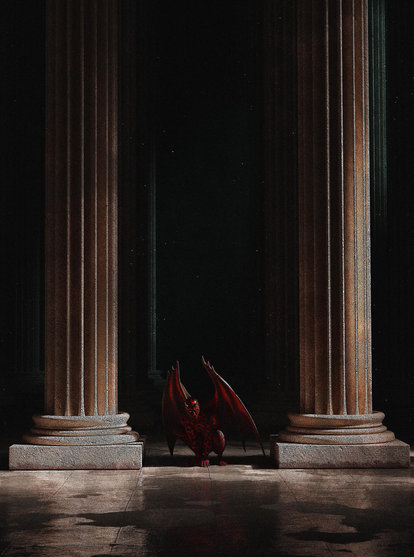 A dark, atmospheric render featuring two large, fluted stone columns on a tiled floor. Between the columns in the central background, a small, red, winged demon figure crouches low in shadow.