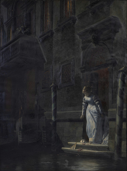A classic oil painting depicting a dark, moonlit Venetian canal at night. A woman in an ornate, light blue dress stands on stone steps leading down to the water, looking up toward a balcony while holding a fan and a mask on the steps beside her.