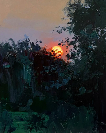 A textured oil painting showing a vibrant orange sun setting behind thick, dark green trees and foliage, casting a warm glow across a hazy twilight sky.