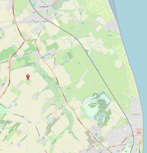 Map of the Sandwich - Ham - Deal triangle in the SDouth East of England, North of Dover and East of Canterbury.