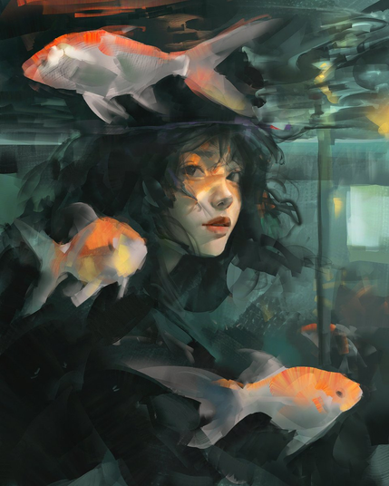 Painting of a young woman submerged underwater among swimming orange and white koi fish, with dark wet hair framing her face.