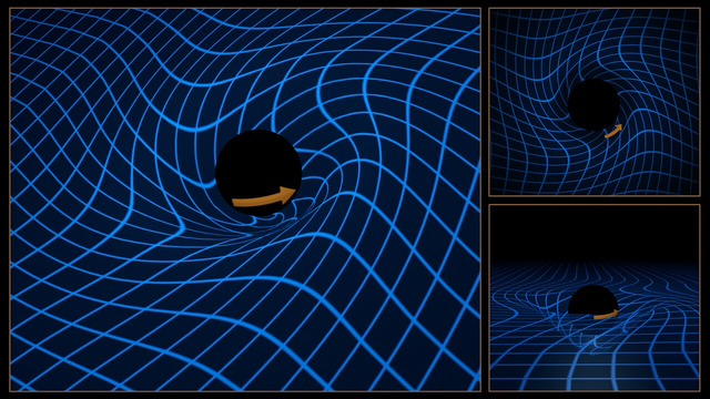 An illustration of a rotating black hole distorting spacetime around it. The black hole is shown as a black sphere on a grid or mesh that represents spacetime. This grid gets twisted close to the black hole.