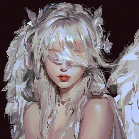 Digital painting of a figure with long pale hair, red lips, and white feathered wings, with white feathers covering the top half of their face and eyes against a dark background.