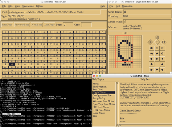 A screenshot that mostly shows the xmbdfed font editor app open. At top left a font-grid is displayed and next to it on the right is a glyph editor showing a zoomed-in Q (it looks great; smart tail). And below that on the bottom right is the builtin help browser. All lovingly displayed in a sort of soft sandy goldenrod colour. At the bottom left is a gap in the windowing where you can see the boring black and white Terminal app. The last command showing is the one that launched xmbdfed: ~/prj/xmbdfed/xmbdfed -xrm '*foreground: #223' -xrm '*background: #ec8' -g 0x41 *.bdf