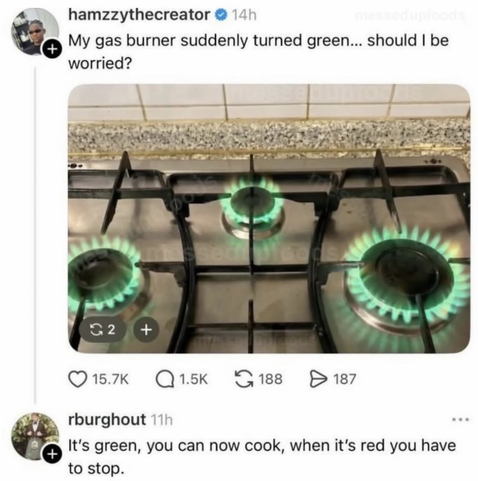 A social media post screenshot showing a photo of a gas stove with green flames burning on three burners. The post text asks: "My gas burner suddenly turned green... should I be worried?" Below, a reply reads: "It's green, you can now cook, when it's red you have to stop."