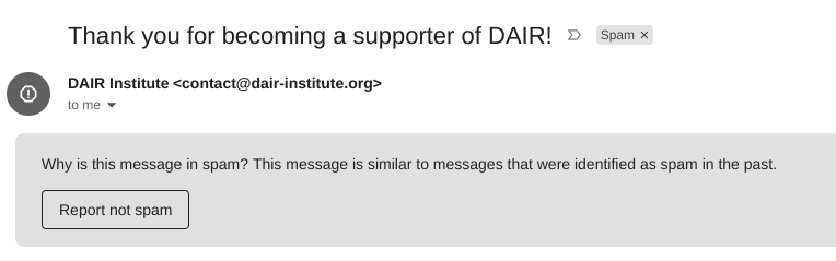 Screenshot of donation receipt email from DAIR, showing that Gmail has classified it as spam.