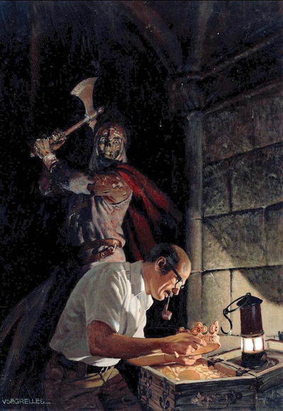 Illustration of a man in glasses and a white short-sleeve shirt inspecting a golden crown over a treasure chest, oblivious to a skeleton-like figure with an axe standing behind him in a stone room.