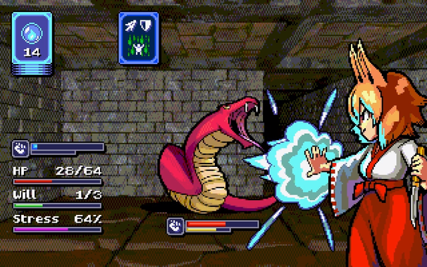 A tile based 3D dungeon view transitions to a combat screen where an orange kitsune with a knife and magic orbs battles a huge red snake in an ATB-like combat system. The kitsune attacks with melee and magical attacks, draws and plays cards which changes her stance, and uses a willpower ability that lets her take 3 actions in a row to finally defeat the snake. After the snake disperses into glowing motes of light, the game transitions back to the dungeon view via fizzle fade.