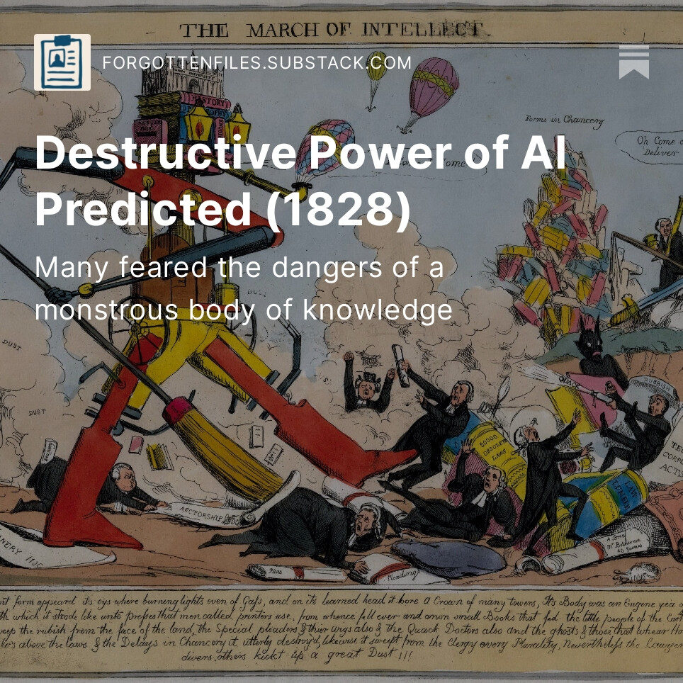 Media asset with post title showing a portion of a satirical cartoon with a large robotic monster destroying society. 