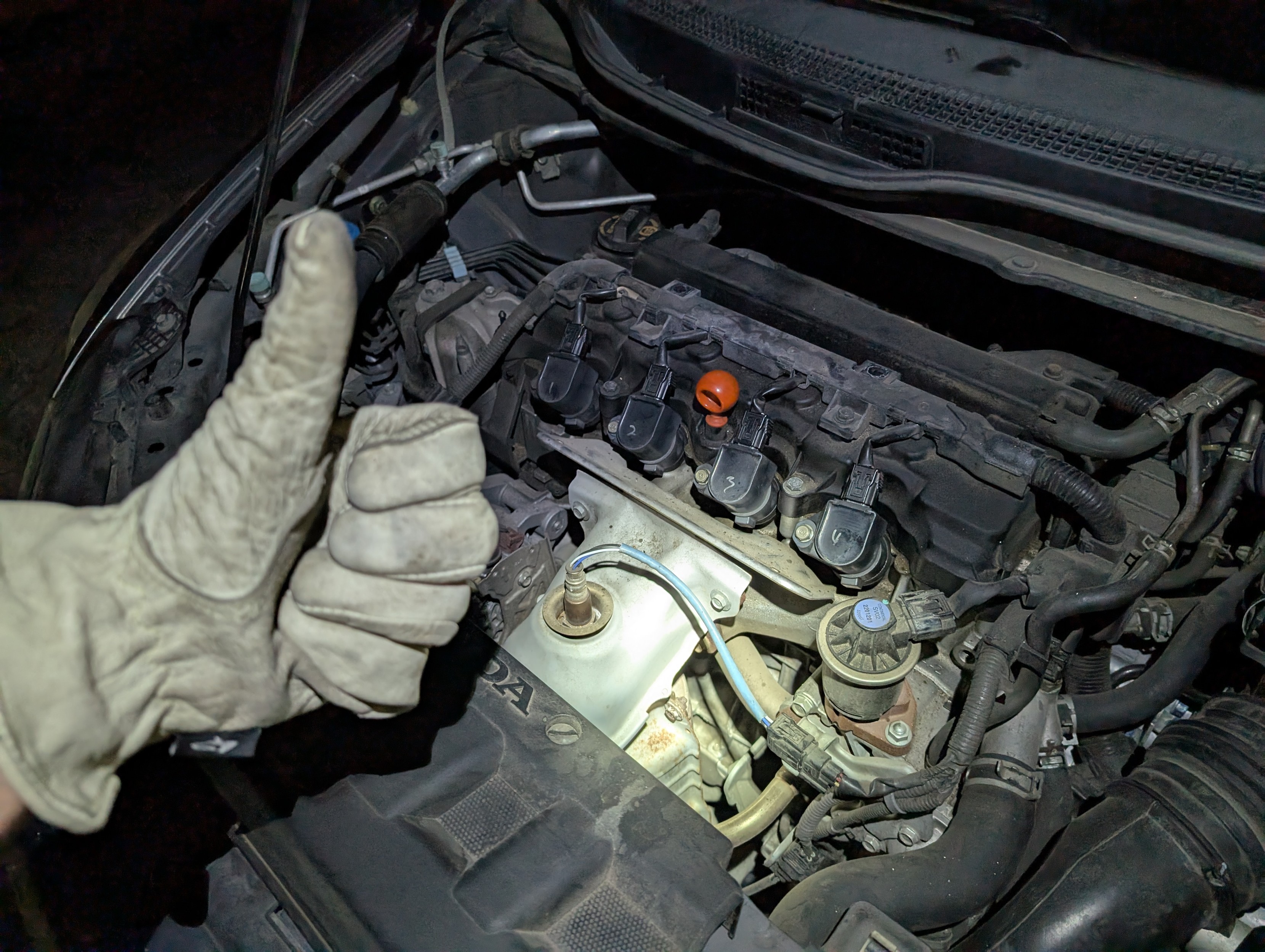 A gloved thumbs-up in front of a Honda Civic engine compartment. The engine top shield is removed showing the spark plug coil packs, on which 1, 2, 3, 4 are written for cylinder order. Under the coils are new spark plugs.