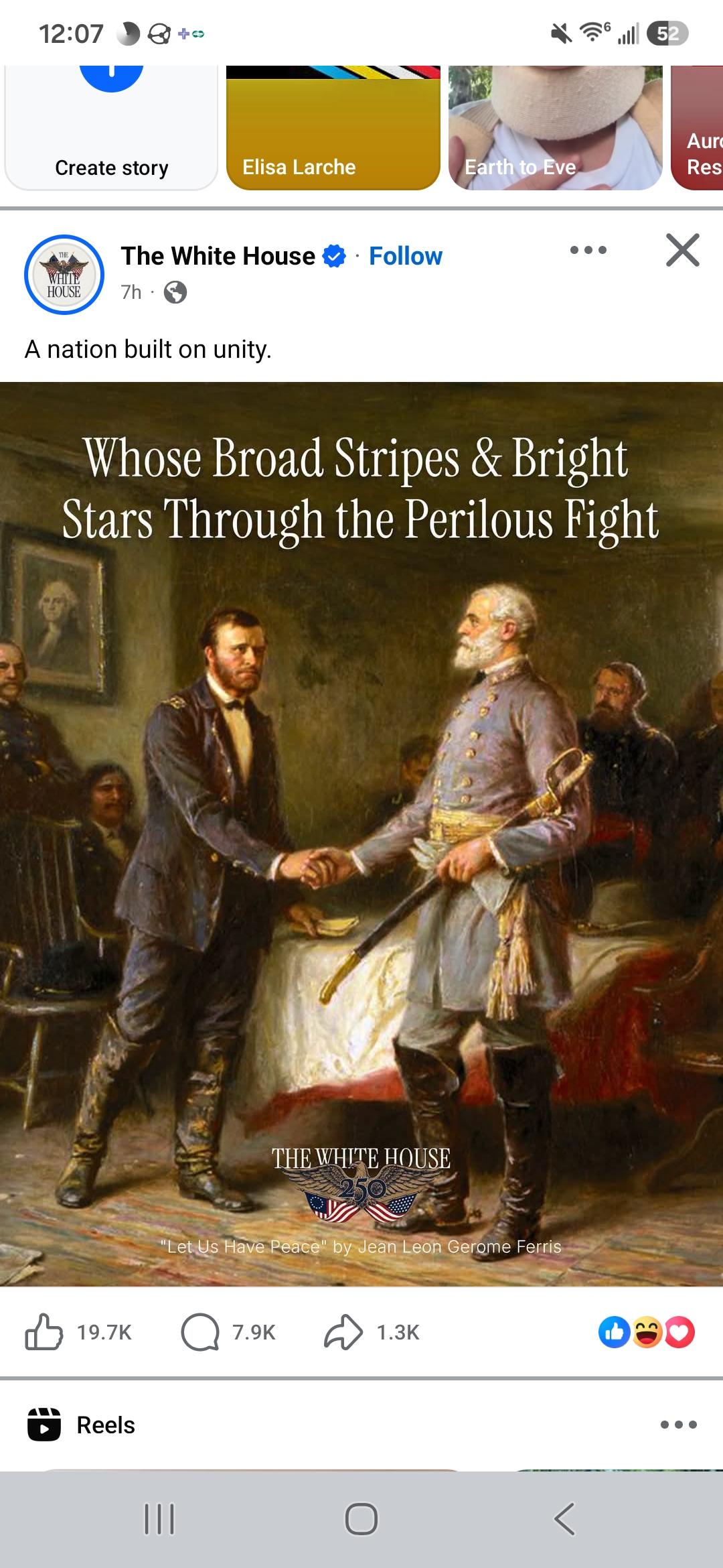 A screenshot of a Facebook post with the caption Whose Broad Stripes and Bright Stars Through The Perilous Fight. Picture is of Grant shaking hands with Lee at Appomatox.